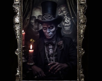Baron Samedi - Haitian voodoo god of death wall art, voodoo poster, goth art print, African mythology, black loa, skeleton makeup