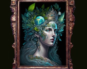 Gaia, nature goddess art print, Greek goddess of the Earth, Gaia poster, green goddess wall decor, Pacha mama digital art, greek mythology