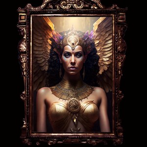 May include: A woman with dark hair and golden wings wears a gold crown and a gold necklace with a large pendant. She is framed in a gold ornate frame.