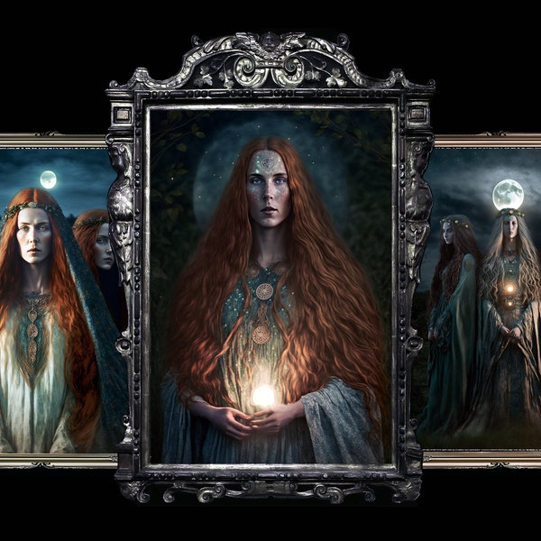 Brigid set of 3 prints - Brigantia art print; digital download wall art; pagan celtic mythology poster, Welsh Irish tripple moon goddess