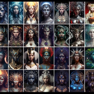May include: A digital collage of 36 images featuring women with elaborate headdresses and ornate jewelry. Each woman has a unique style and expression, creating a diverse and captivating collection.