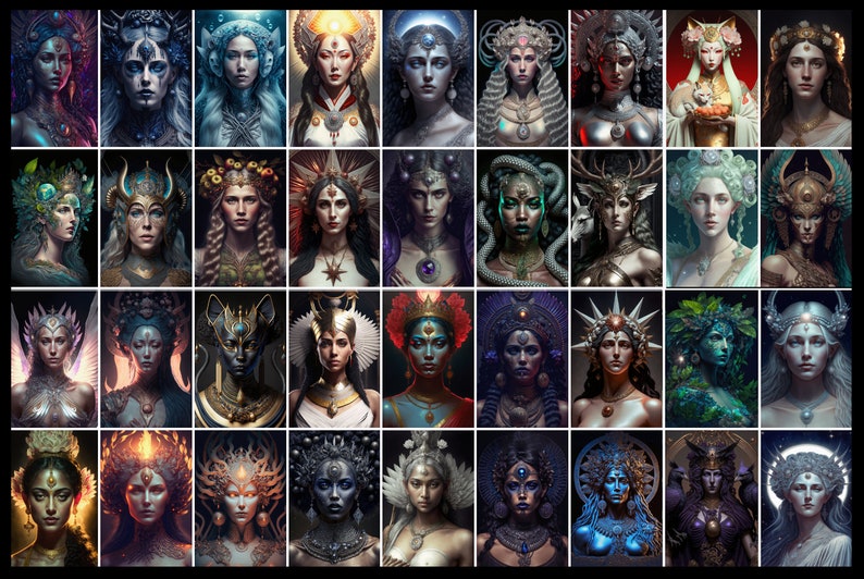 May include: A digital collage of 36 images featuring women with elaborate headdresses and ornate jewelry. Each woman has a unique style and expression, creating a diverse and captivating collection.