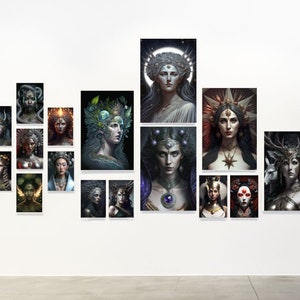 May include: A gallery wall of 14 framed prints featuring digital illustrations of women with elaborate headdresses and ornate jewelry. The women are depicted with various expressions and poses, and the prints are arranged in a grid pattern.