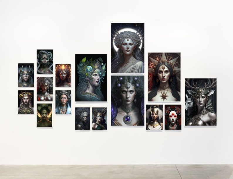 May include: A gallery wall of 14 framed prints featuring digital illustrations of women with elaborate headdresses and ornate jewelry. The women are depicted with various expressions and poses, and the prints are arranged in a grid pattern.
