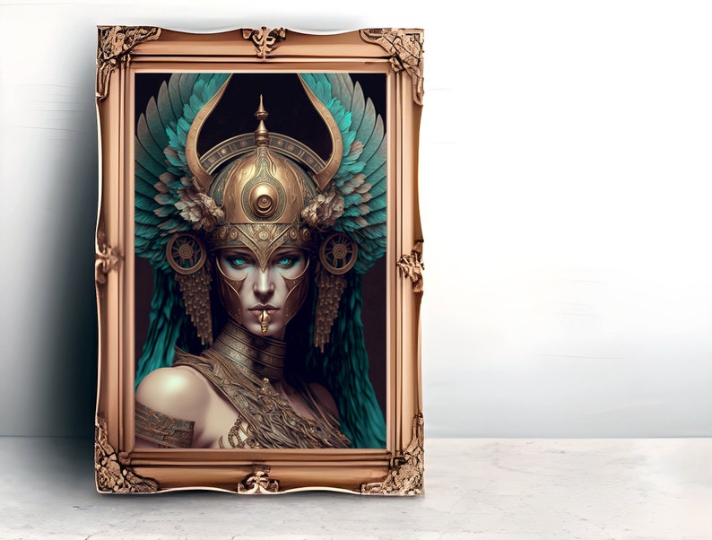 May include: A digital painting of a woman with teal blue wings and a gold helmet. She is wearing a gold necklace and has a serious expression on her face.
