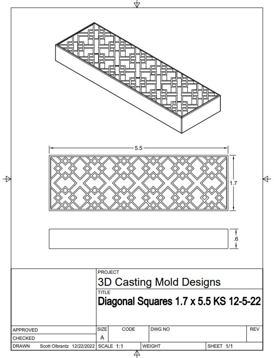 Knife Scale STL File for 3D Printer, Diagonal Squares Design, Digital