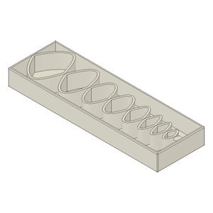 May include: A white rectangular box with a series of eight oval-shaped cutouts, decreasing in size from left to right, creating a winding path.