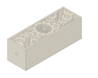 May include: A light gray rectangular box with a complex, intricate pattern of holes and cutouts. The box is made of a solid material and has a smooth, matte finish.