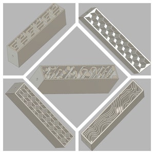 May include: Five different designs of decorative wood moldings with intricate patterns. The moldings are all rectangular and have a light brown color.