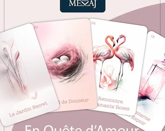 May include: Four pink and white watercolor cards with images of a flower, a nest with eggs, two pink flamingos, and a lantern. The cards are part of a deck called "En Quête d'Amour" and have numbers 22, 34, and 12.