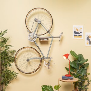 Bike Rack Shelf Japanese Inspired Decorative Bike Storage Shelf Wall Mount Bike Hanger w/ Display Shelf Bamboo Bike Stand White image 5