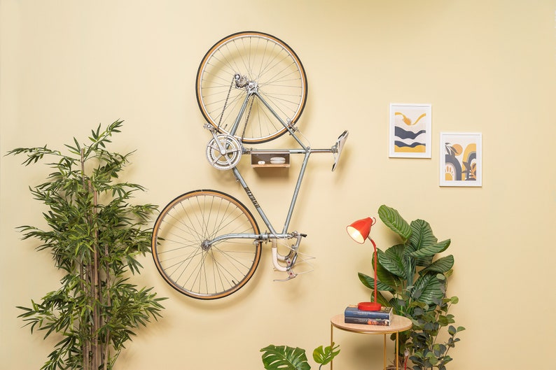 Bike Rack Shelf Japanese Inspired Decorative Bike Storage Shelf Wall Mount Bike Hanger w/ Display Shelf Bamboo Bike Stand White image 5