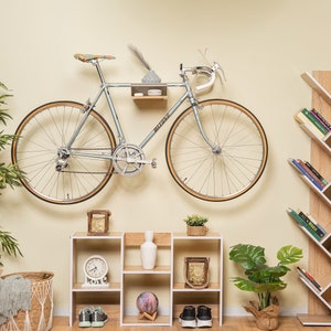 Bike Rack Shelf Japanese Inspired Decorative Bike Storage Shelf Wall Mount Bike Hanger w/ Display Shelf Bamboo Bike Stand White image 2