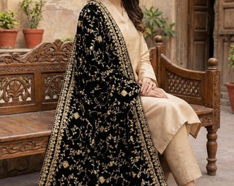 Zwartfluwelen sjaal Dupatta - geborduurde fluwelen dupatta voor bruiloft, luxe bruidssjaal