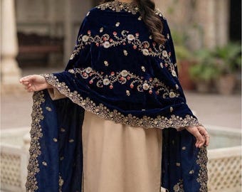 Blauwe fluwelen sjaal Dupatta - geborduurde fluwelen dupatta voor bruiloft, luxe bruidssjaal