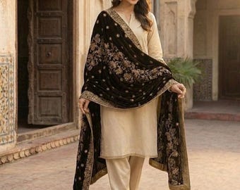 Bruine fluwelen sjaal Dupatta - geborduurde fluwelen dupatta voor bruiloft, luxe bruidssjaal