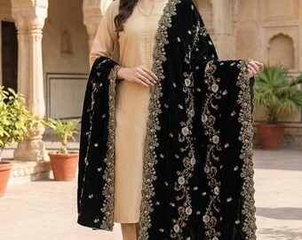 Zwartfluwelen sjaal Dupatta - geborduurde fluwelen dupatta voor bruiloft, luxe bruidssjaal