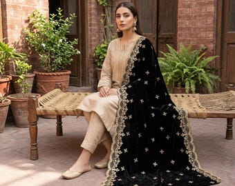 Zwartfluwelen sjaal Dupatta - geborduurde fluwelen dupatta voor bruiloft, luxe bruidssjaal