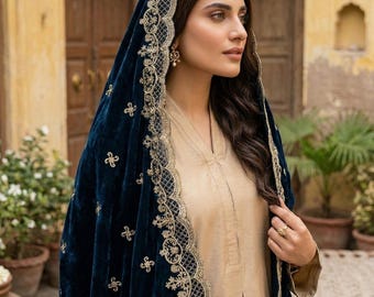 Blauwgroen fluwelen sjaal Dupatta - geborduurde fluwelen dupatta voor bruiloft, luxe bruidssjaal