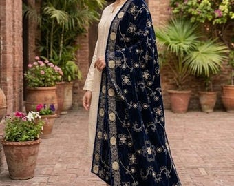 Blauwe fluwelen sjaal Dupatta - geborduurde fluwelen dupatta voor bruiloft, luxe bruidssjaal