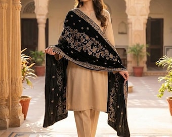 Zwartfluwelen sjaal Dupatta - geborduurde fluwelen dupatta voor bruiloft, luxe bruidssjaal