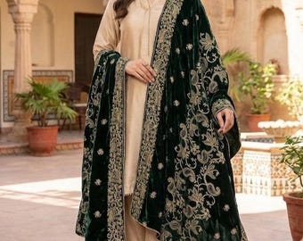 Groene fluwelen sjaal Dupatta - geborduurde fluwelen dupatta voor bruiloft, luxe bruidssjaal