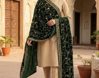Groene fluwelen sjaal Dupatta - geborduurde fluwelen dupatta voor bruiloft, luxe bruidssjaal