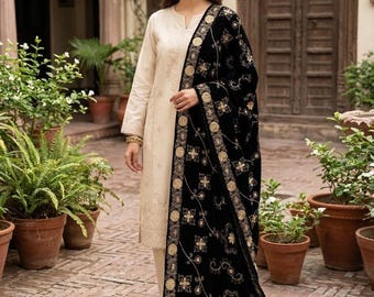 Zwartfluwelen sjaal Dupatta - geborduurde fluwelen dupatta voor bruiloft, luxe bruidssjaal