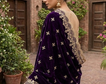 Paarse fluwelen sjaal Dupatta - geborduurde fluwelen dupatta voor bruiloft, luxe bruidssjaal
