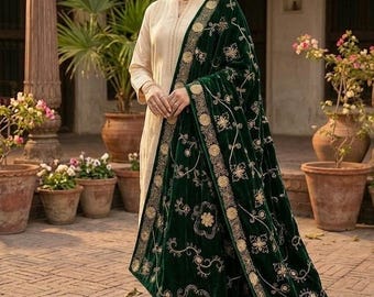 Groene fluwelen sjaal Dupatta - geborduurde fluwelen dupatta voor bruiloft, luxe bruidssjaal