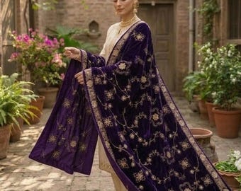 Paarse fluwelen sjaal Dupatta - geborduurde fluwelen dupatta voor bruiloft, luxe bruidssjaal