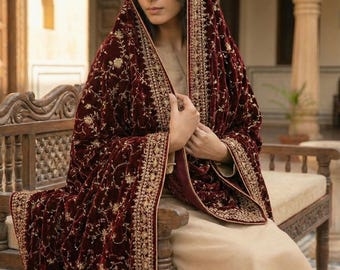 Kastanjebruine fluwelen sjaal Dupatta - geborduurde fluwelen dupatta voor bruiloft, luxe bruidssjaal