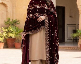 Kastanjebruine fluwelen sjaal Dupatta - geborduurde fluwelen dupatta voor bruiloft, luxe bruidssjaal