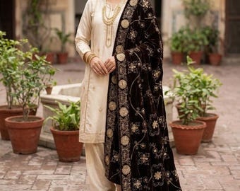 Bruine fluwelen sjaal Dupatta - geborduurde fluwelen dupatta voor bruiloft, luxe bruidssjaal