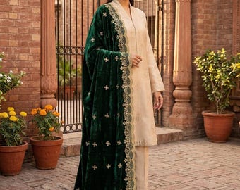 Groene fluwelen sjaal Dupatta - geborduurde fluwelen dupatta voor bruiloft, luxe bruidssjaal