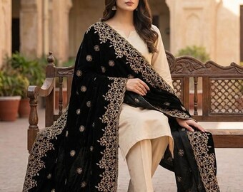 Zwartfluwelen sjaal Dupatta - geborduurde fluwelen dupatta voor bruiloft, luxe bruidssjaal