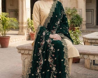 Groene fluwelen sjaal Dupatta - geborduurde fluwelen dupatta voor bruiloft, luxe bruidssjaal