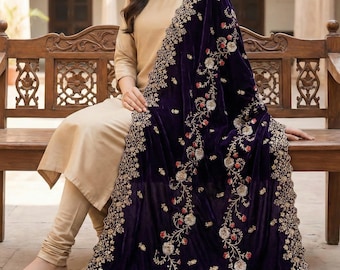 Paarse fluwelen sjaal Dupatta - geborduurde fluwelen dupatta voor bruiloft, luxe bruidssjaal