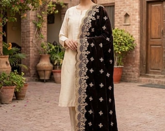 Bruine fluwelen sjaal Dupatta - geborduurde fluwelen dupatta voor bruiloft, luxe bruidssjaal