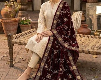 Kastanjebruine fluwelen sjaal Dupatta - geborduurde fluwelen dupatta voor bruiloft, luxe bruidssjaal