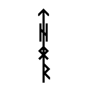 Puede incluir: Ilustración en blanco y negro de un símbolo de runa nórdica, conocido como "Vegvisir". El símbolo es un diseño en forma de brújula con ocho radios que irradian desde un punto central.