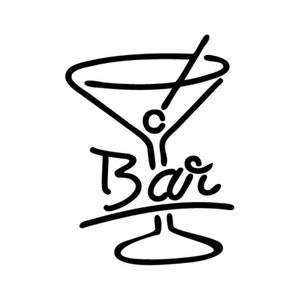 Könnte beinhalten: Schwarz-weiß-Illustration eines Martini-Glases mit einem Rührstab und dem Wort "Bar" darunter.
