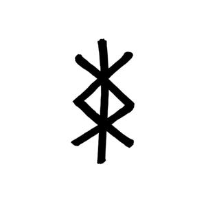 May include: A black ink drawing of a symbol on a white background. The symbol features a central vertical line, a diamond shape, and a cross-like element at the top. The lines are thick and bold.