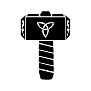 Puede incluir: Silueta en blanco y negro de un martillo con un diseño de nudo estilizado en la cabeza.