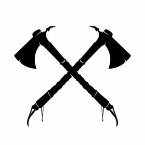 Op de afbeelding: Twee zwarte tomahawks gekruist in een 'X'-vorm, met de bladen naar buiten gericht.