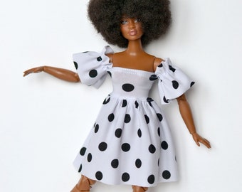 White and black  Polka Dot 11'5 inch doll dress, doll clothes,made to movie, Barbi, Barbe, Curvy Barbe, 12 inch doll dress, munecas,kleidung