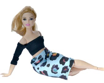 Set of 2 items SKIRT and TOP for 1:6 doll, LEOPARD Doll Leoprd cheetah print Skirt, Tube top, Doll Halter Top, doll casual outfit, bjd, mtm