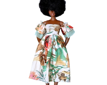 Floral summer jungle dress for 11'5 inch fashion doll, romantic style doll clothes, 1:6 scale doll clothes,  MTM, curvy fashion doll clothes