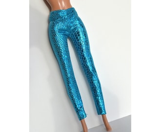 Sparkly Turquoise Leggings, regular fashion doll 11'5 inch, glitter leggings doll pants, 1/6 scale doll, fashion figures clothes, doll pants