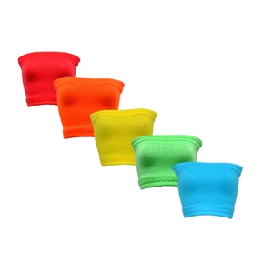 May include: Five colorful tube tops in a rainbow color scheme. The tops are arranged in a row from left to right, starting with red, orange, yellow, green, and blue.
